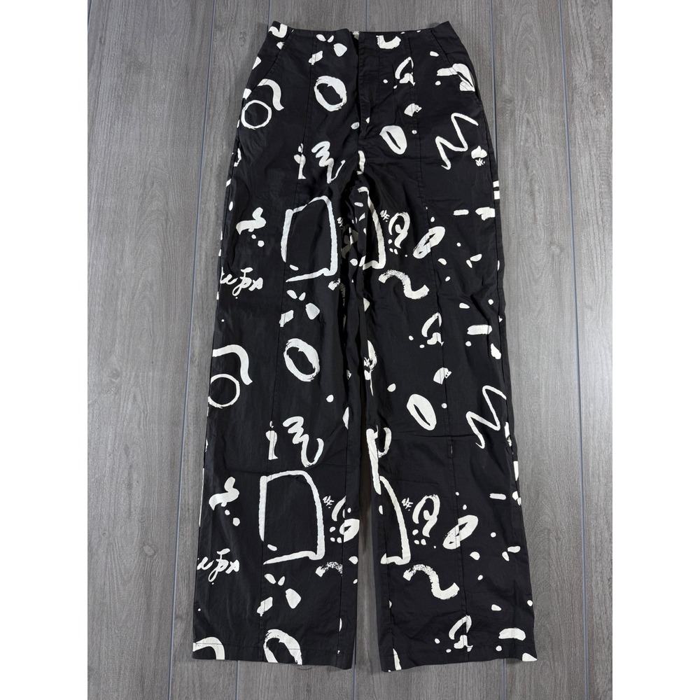 White Fox Black White Abstract Brushstroke Print Wide Leg Cotton Pants Small
